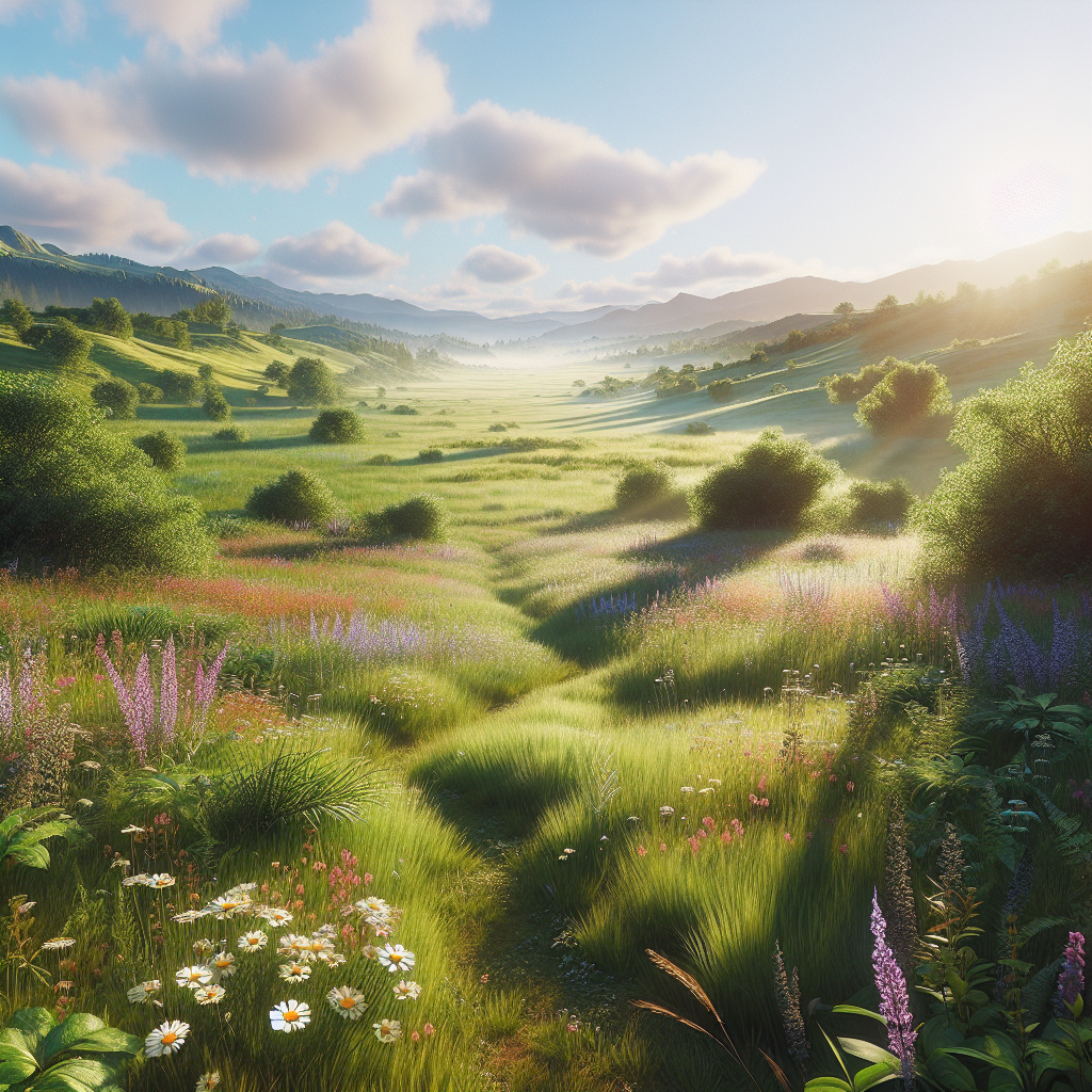 Serene natürliche Landschaft mit grüner Wiese und Wildblumen im Morgenlicht, die Gesundheit und Vitalität verkörpern.