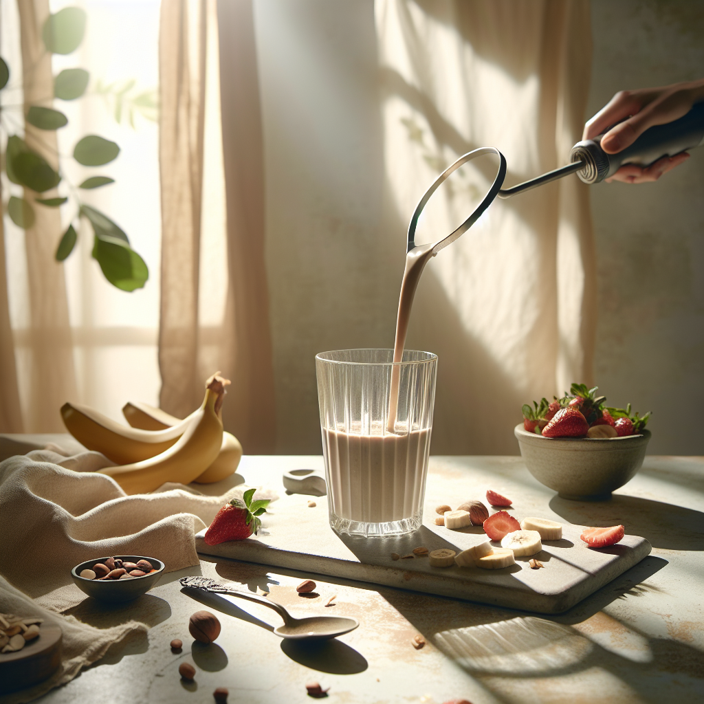 Ein Glas wird in einer gemütlichen, hellen Küche mit einem Eiweißshake gefüllt, umgeben von Nüssen und frischem Obst wie Bananen und Erdbeeren, die Energie für den Tag symbolisieren.