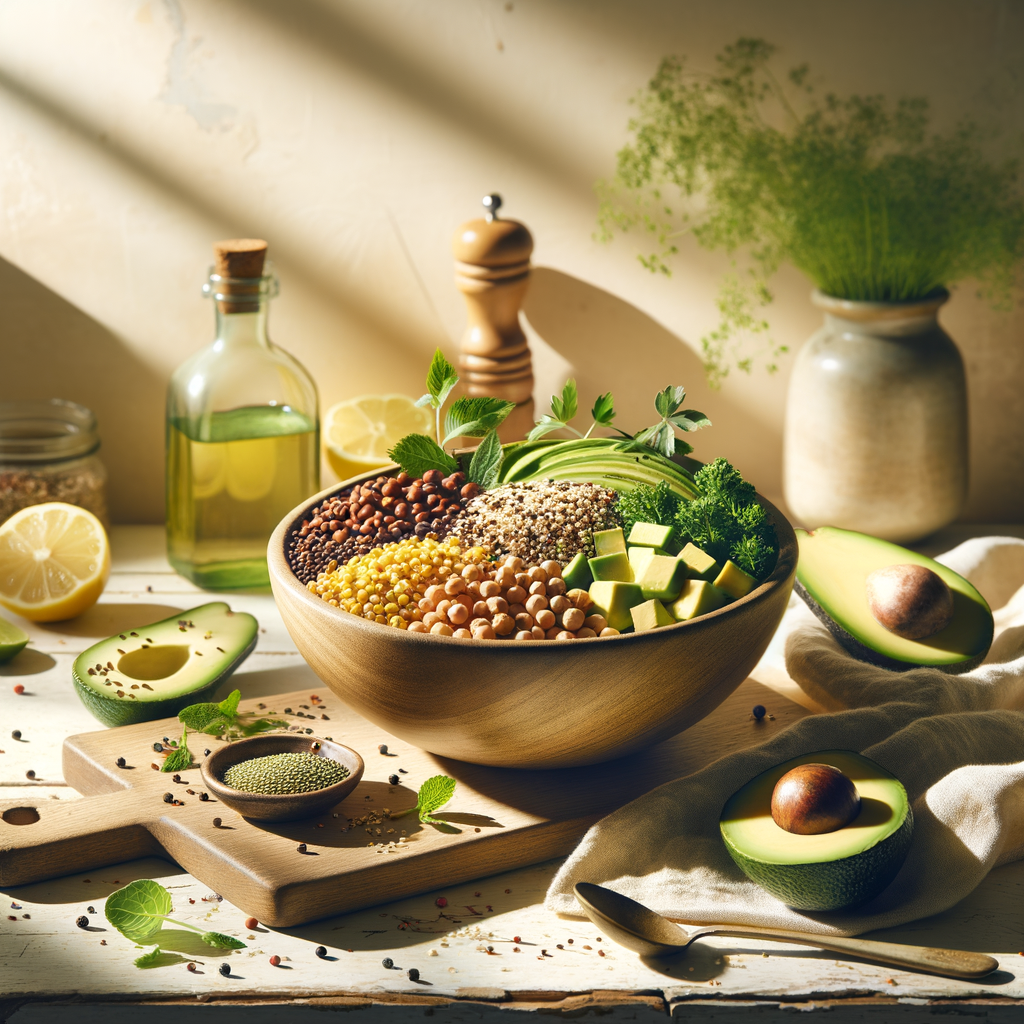 Ein Bild zeigt eine stilvolle Lifestyle-Szene mit veganen Proteinen: Eine Schale mit bunten Hülsenfrüchten und Getreiden umgeben von frischen grünen Kräutern und Avocado auf einer rustikalen Küchenarbeitsplatte.