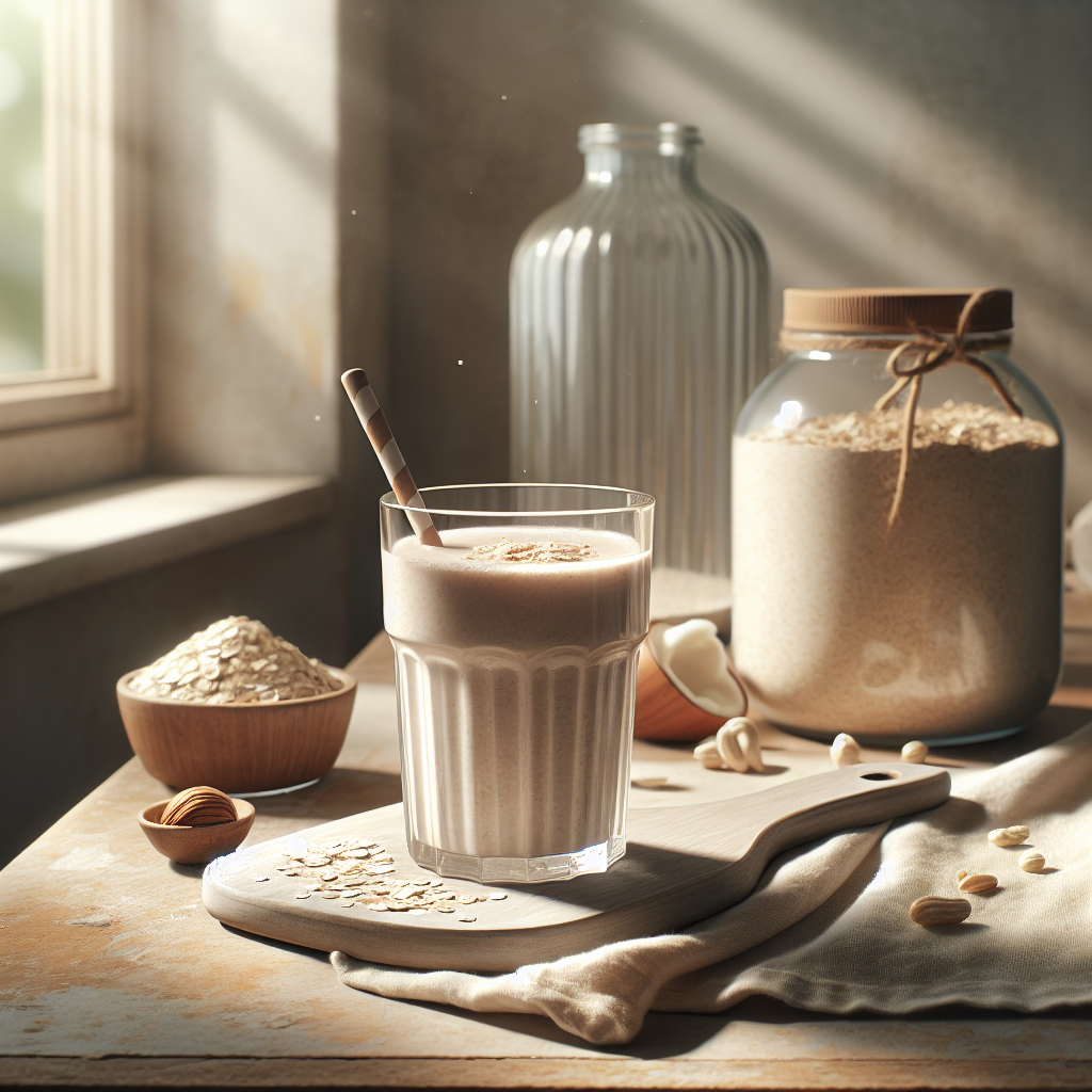 Veganes Proteinpulver und frischer Proteinshake auf einem hyggeligen Holztisch in einem sonnigen Raum, mit natürlichem Licht, ideal für einen gesunden Start in den Tag.