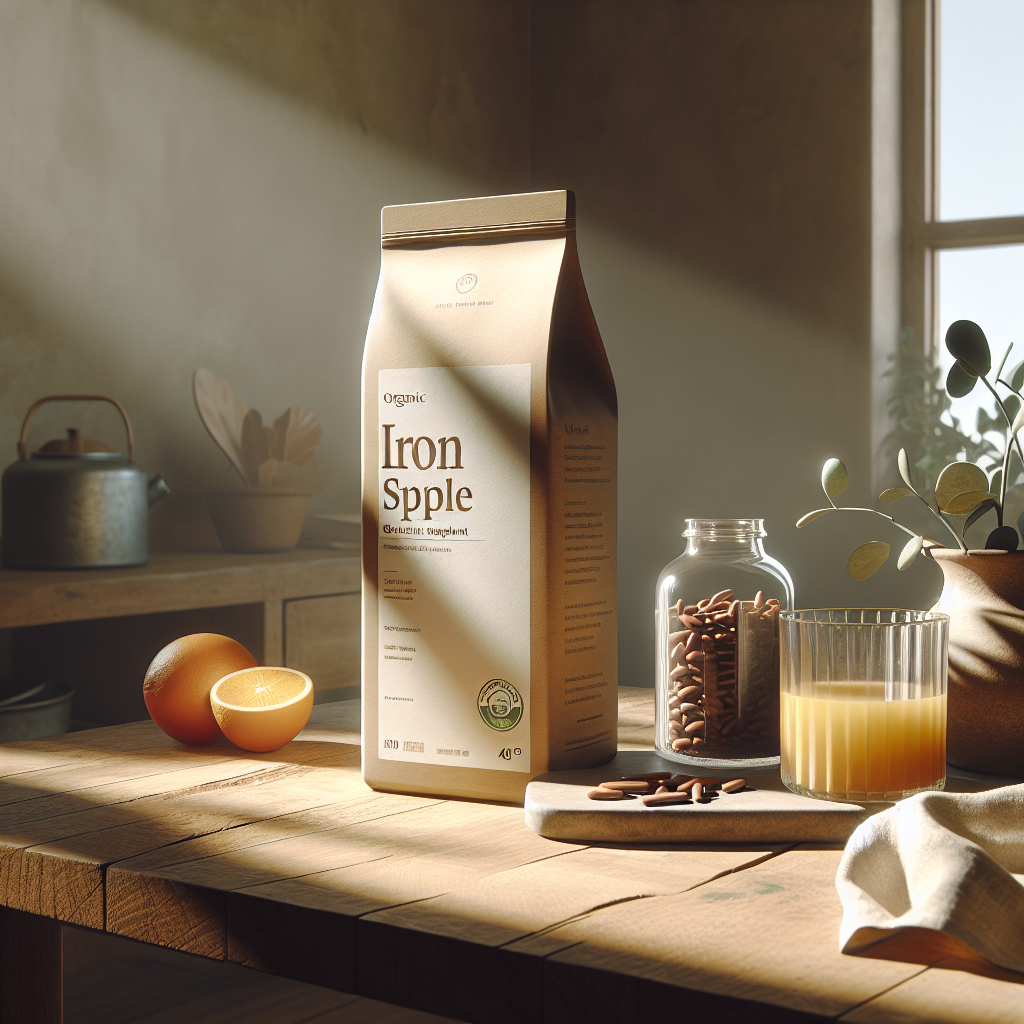 Vegan Eisenpräparate auf einem hellen Holztisch mit einem Glas Orangensaft, umgeben von frischen Zitrusscheiben; sanfte Morgenbeleuchtung in einer gemütlichen Küche.