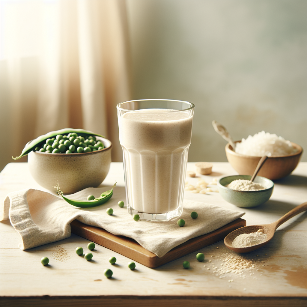 Frischer veganer Proteinshake ohne Zucker mit Erbsen und Reis auf einem Holztisch, umgeben von natürlicher Beleuchtung und organischen Details.