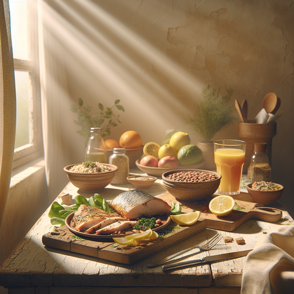Ein gemütliches Frühstückseck mit einem bunten Buffet, das proteinreiche Lebensmittel wie Hühnchen, Fisch und Linsen zeigt. Licht spielt sanft auf dem rustikalen Holztisch und vermittelt Balance und morgendliche Energie.