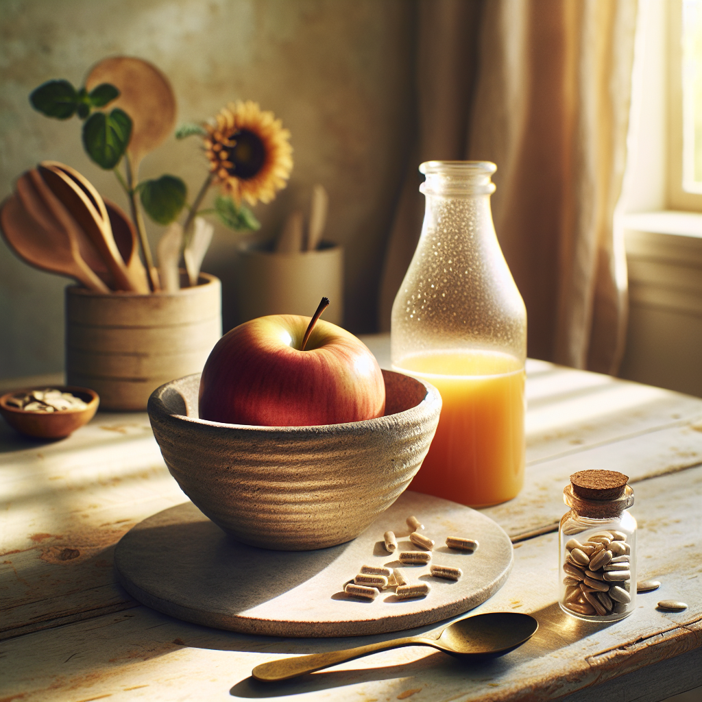 Einladende Küche mit Nahrungsergänzungsmitteln zur Unterstützung der Regeneration von Eisenmangel, mit Apfel, Glas Orangensaft und Eisenergänzungskapselflasche auf hellem Holztisch bei Morgenlicht.