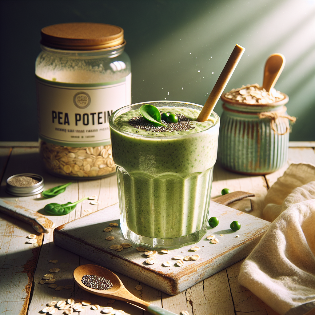 Heller Küchenraum mit veganem Smoothie aus Erbsenprotein im Glas, umgeben von Haferflocken, einem Bambusstrohhalm und einem offenen Glas mit Erbsenprotein.