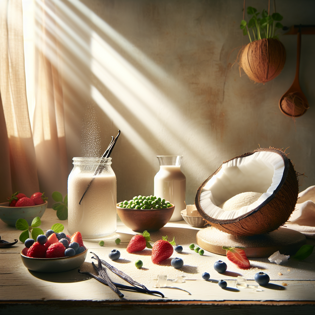 Frische Zutaten für vegane Proteinpulver: Vanilleschoten, Kokosnuss, Beeren und grüne Erbsen, kreativ arrangiert auf einem Tisch, um Frische und Gesundheit darzustellen.