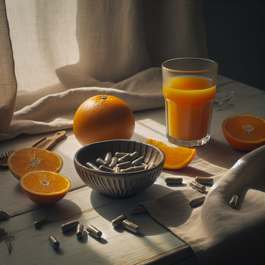 Eine helle Morgenszene mit Vegardians Organisches Eisen+ Komplex neben einem Glas Orangensaft und Orangenschalen auf einem Holztisch, die natürliche und sanfte Eigenschaften für die Verdauungsgesundheit zeigen.