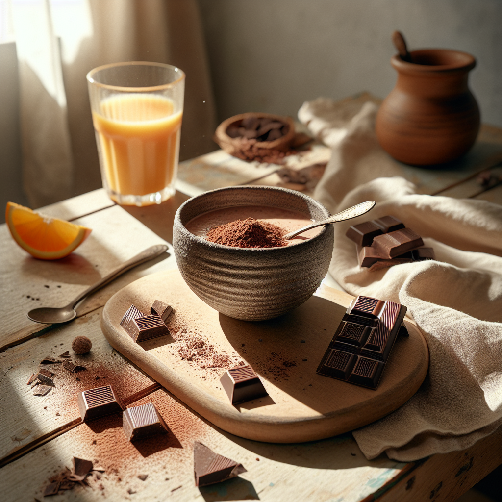 Zartbitterschokolade und veganes Schoko-Proteinpulver auf einem Holztisch, umgeben von Orangensaft und Schokospänen, symbolisieren Muskelaufbau und Genuss.