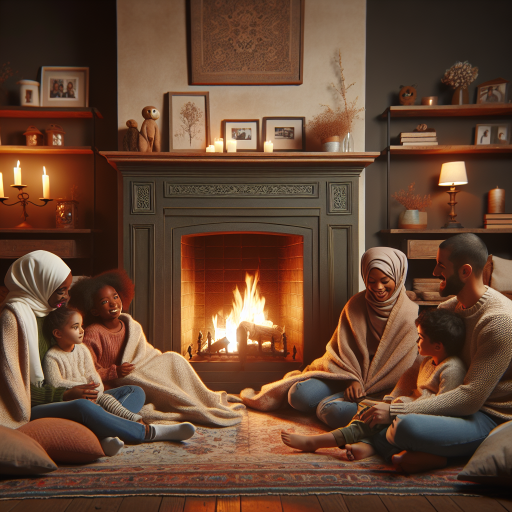 A family enjoying a cozy evening by the fireplace.