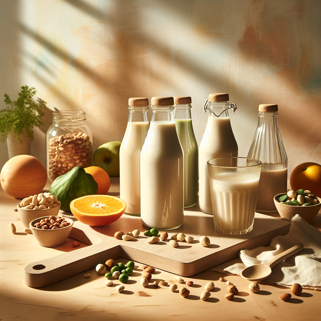 Verschiedene Flaschen mit Proteinpulver-Shakes auf einem hellen Holzuntergrund, umgeben von Nüssen und Bohnen, sanft beleuchtet durch natürliches Tageslicht.