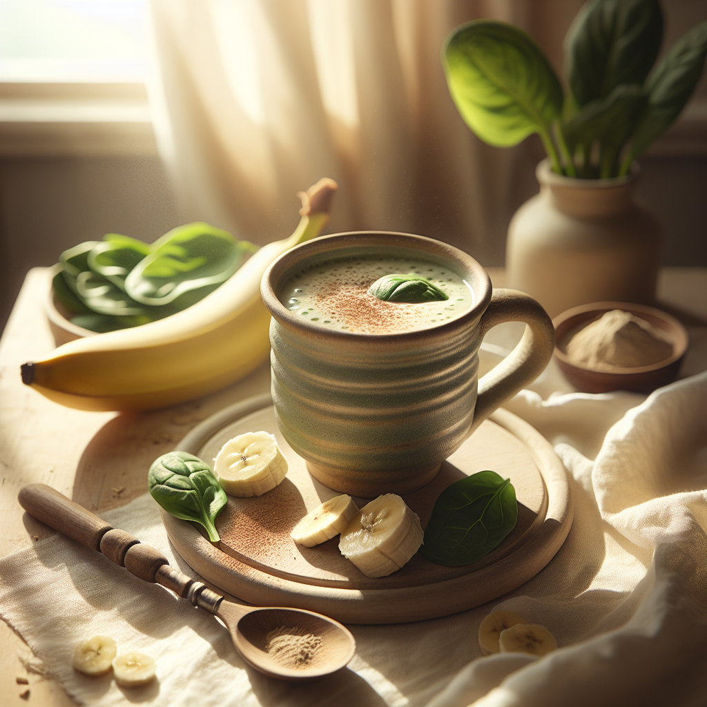 Veganes Proteinshake-Bannerbild mit Keramikbecher auf rustikalem Holzuntergrund und frischen Zutaten wie Bananen und Spinat im natürlichen Morgenlicht.