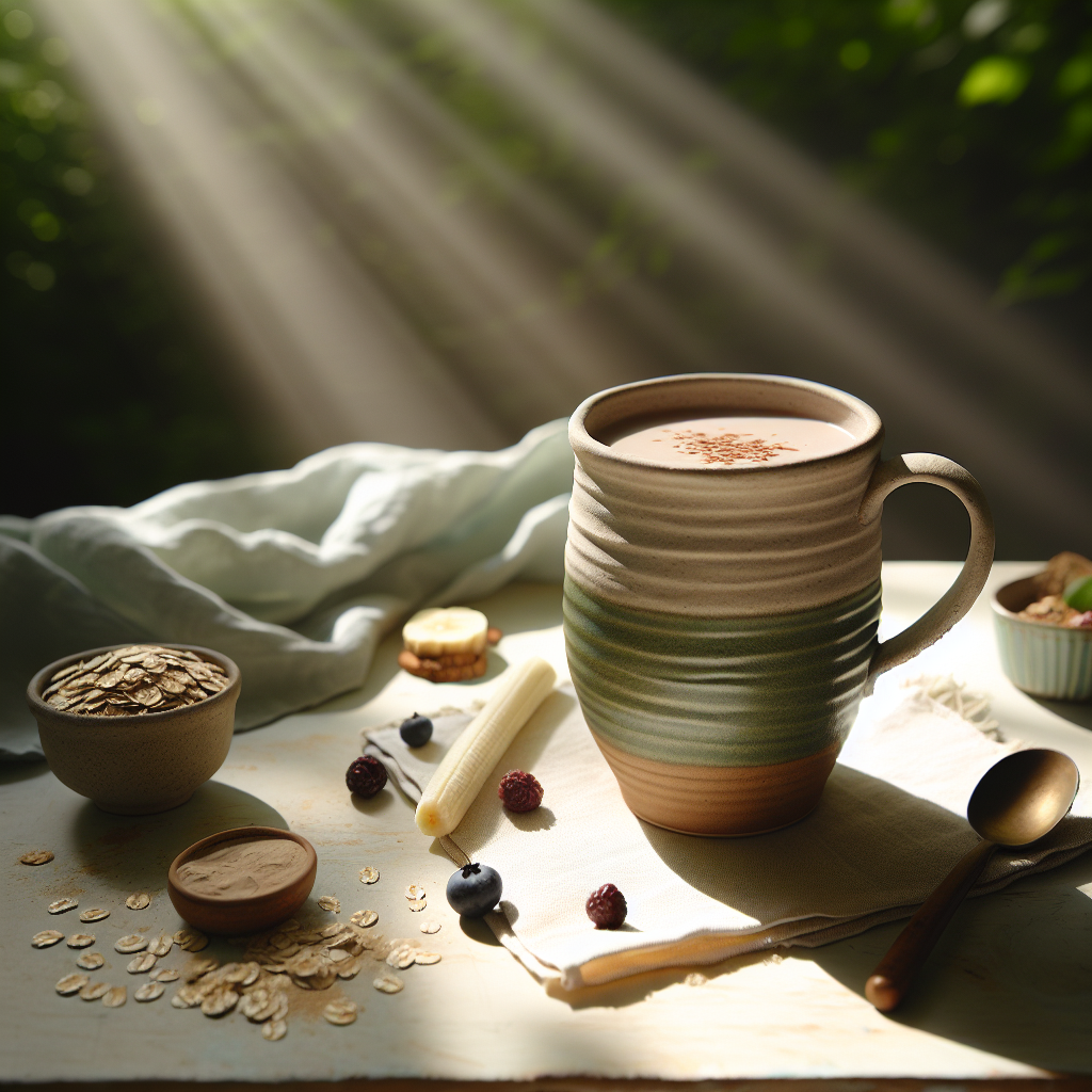 Vegan Proteinshake in einer handgefertigten Keramiktasse auf einem rustikalen Holztisch, umgeben von Haferflocken, Bananenscheiben und Beeren, in einem hellen, natürlichen Outdoor-Setting.