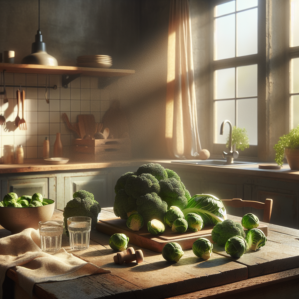 Frischer Brokkoli und Rosenkohl auf einem rustikalen Holztisch im Sonnenlicht, umgeben von dezent angedeuteten Fitnessartikeln wie einem kleinen Hantel, als Symbol für vegane Proteinquellen in einer ausgewogenen Ernährung.