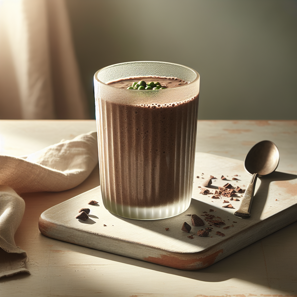 Ein Glas cremiger, schokoladiger Protein-Smoothie mit Erbsen- und Hanfprotein auf einer rustikalen Holzküchenplatte in einem sonnigen, beruhigenden Morgenlicht.