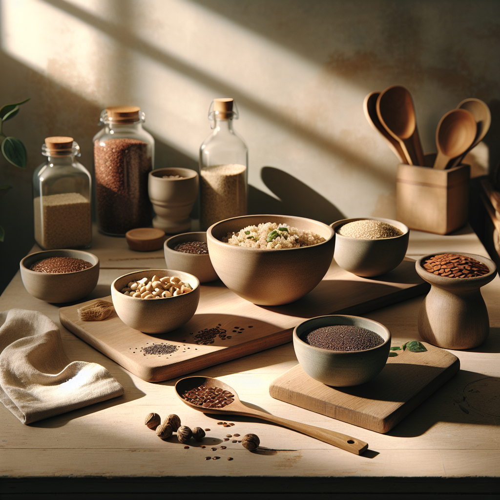 Vegetarische Proteine auf einem Küchentisch in natürlichem Licht: Quinoa, Chiasamen und Linsen in Schalen, die eine gesunde Ernährung symbolisieren.