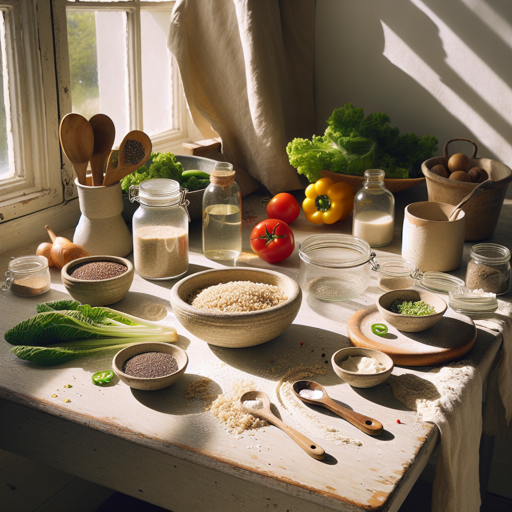 Helle Küche mit frischen veganen Lebensmitteln wie Quinoa, Chiasamen und Gemüse auf einem rustikalen Holztisch im Sonnenlicht.
