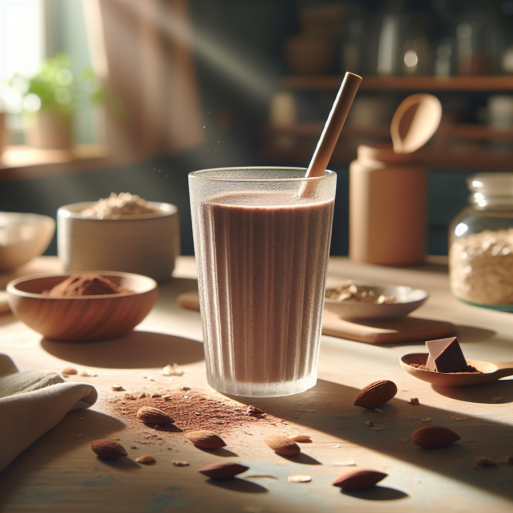 Veganer Schokoladen-Proteinshake in nachhaltiger Küche mit frischen Bio-Zutaten. Leichtes, freundliches Morgenlicht betont gemütliche, gesunde Atmosphäre.