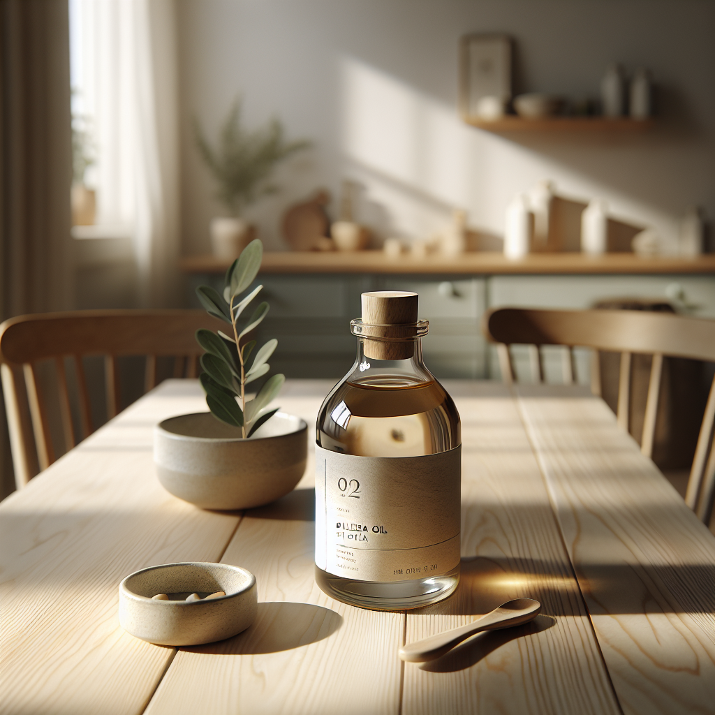 Naturbild mit Omega-3-Algenölflasche auf einem hellen Holztisch, umgeben von natürlichen Details, die eine pflanzliche Ernährung und umweltfreundliche Herstellung darstellen.