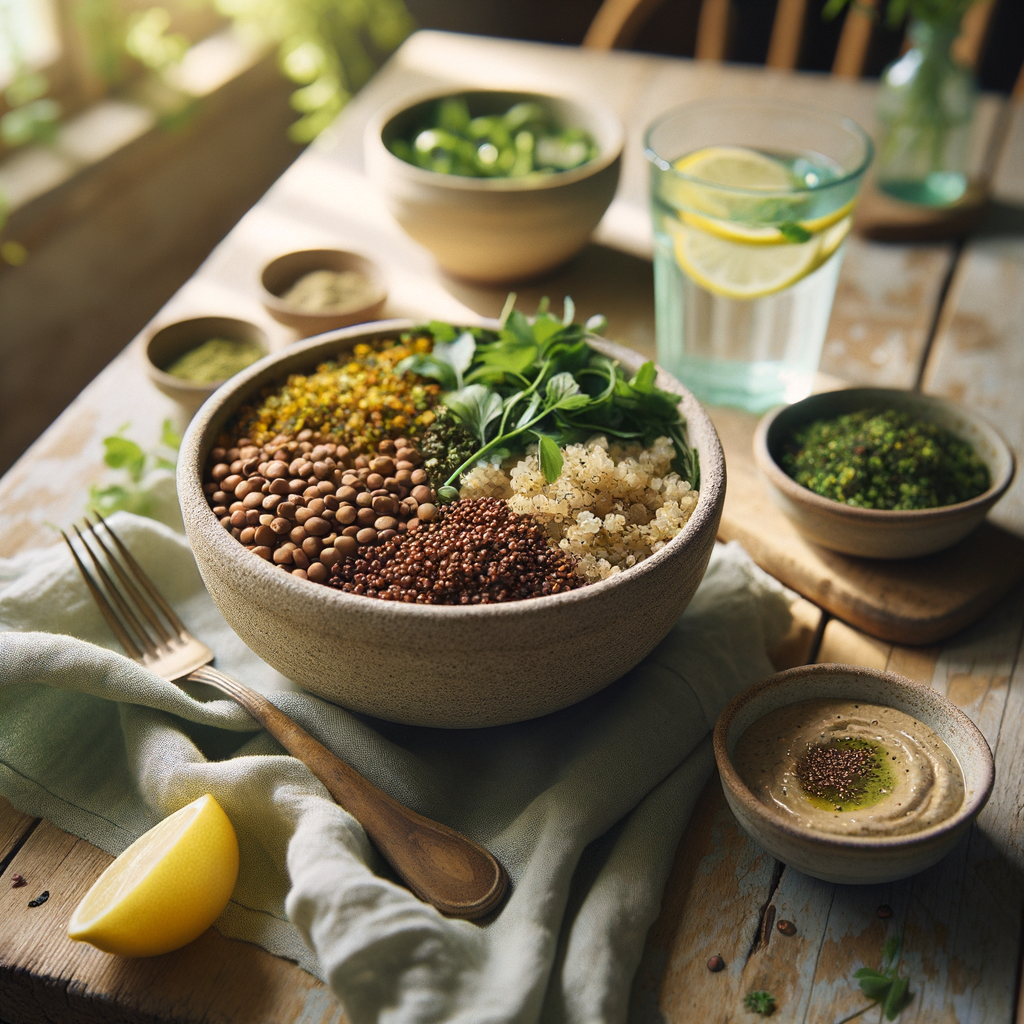 Ein abwechslungsreiches, veganes Gericht mit proteinreichen Zutaten wie Linsen, Quinoa und Nüssen, arrangiert auf einem rustikalen Holztisch. Perfekt für eine gesunde Ernährung.