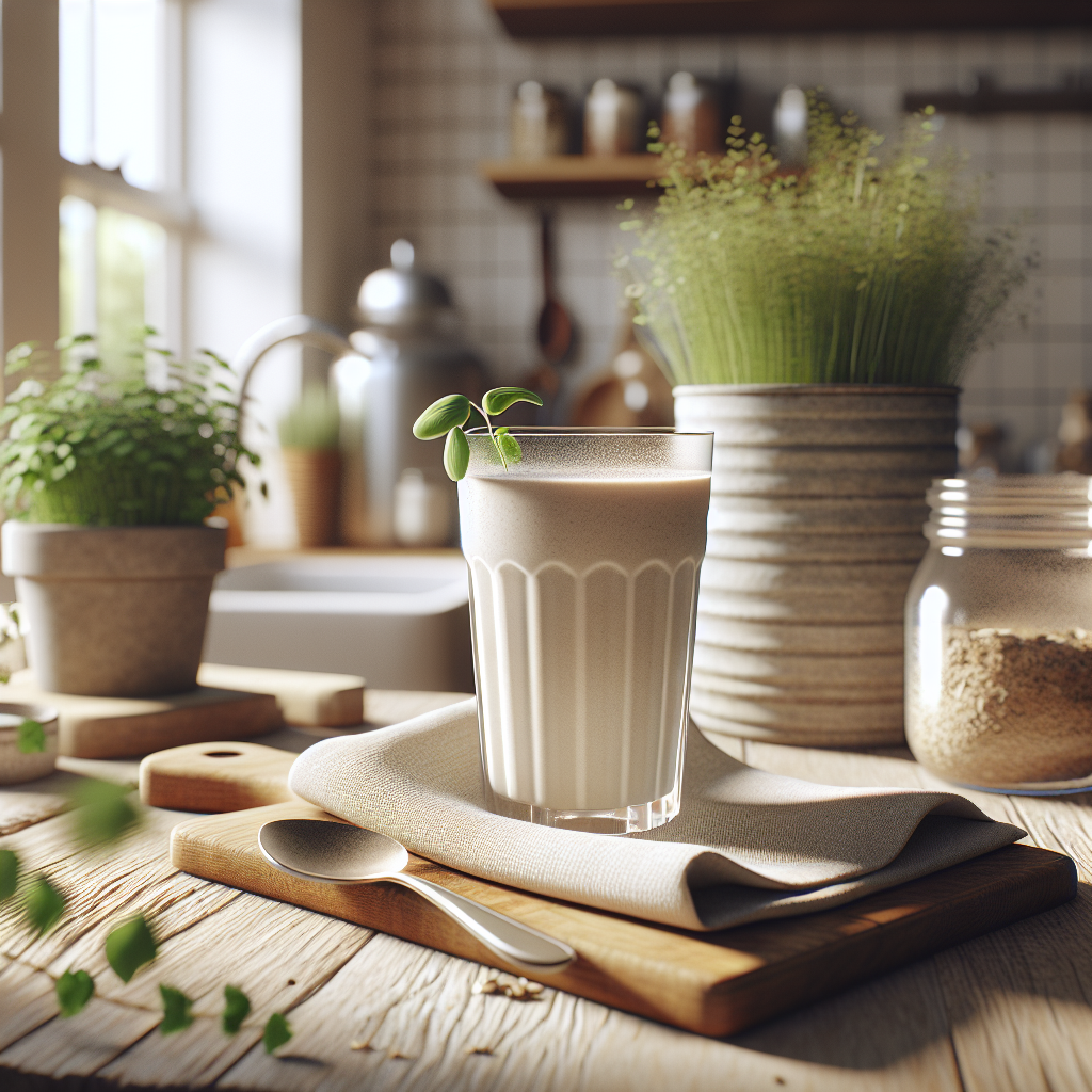 Veganer Proteinshake auf einem rustikalen Holztisch mit nachhaltigen Pflanzen im Hintergrund, die den ökologischen Aspekt von veganem Protein unterstreichen.
