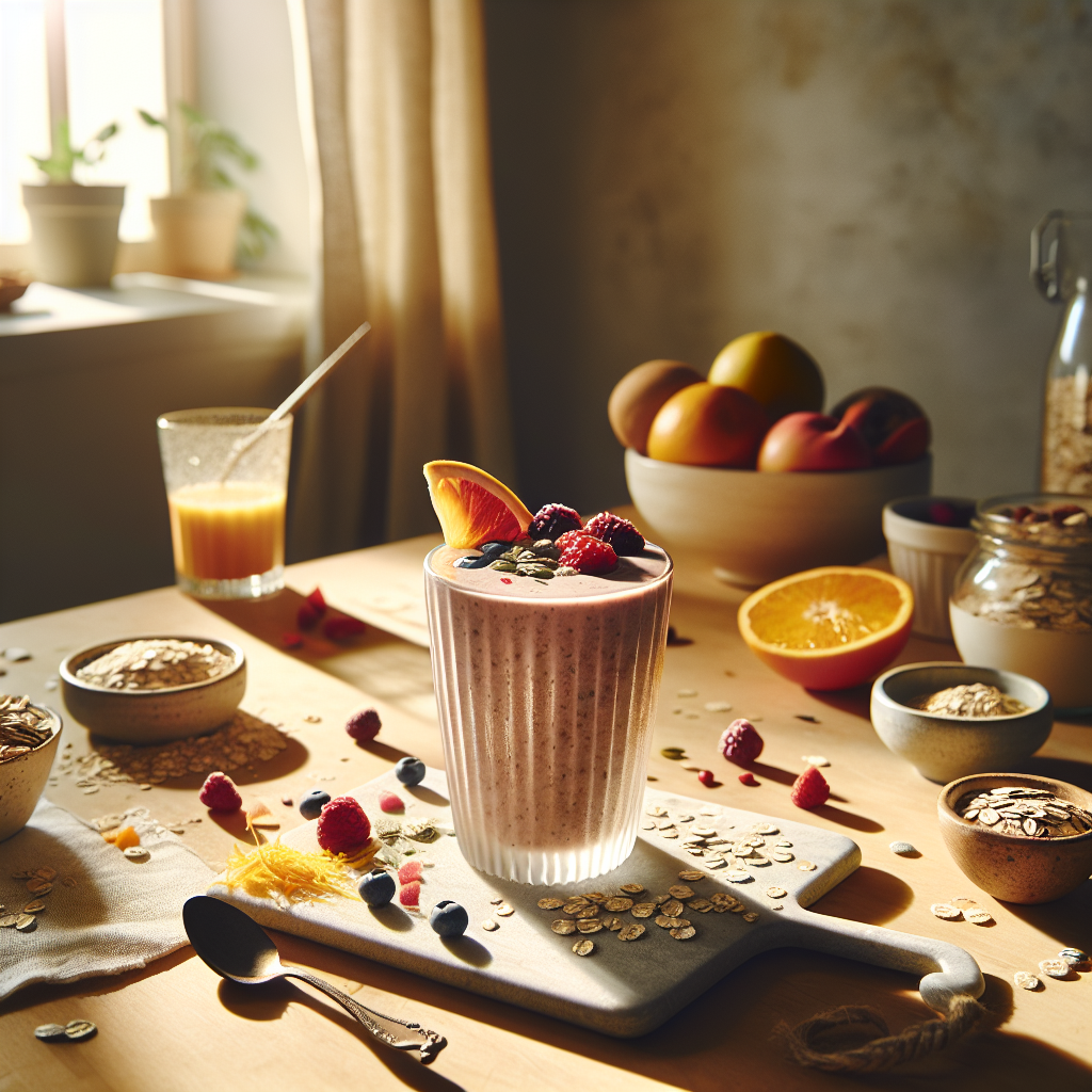 Ein vegane Protein-Shake auf einem hell erleuchteten Küchentisch mit frischen Früchten und einem Glas Orangensaft, das einen gesunden Lebensstil vermittelt.