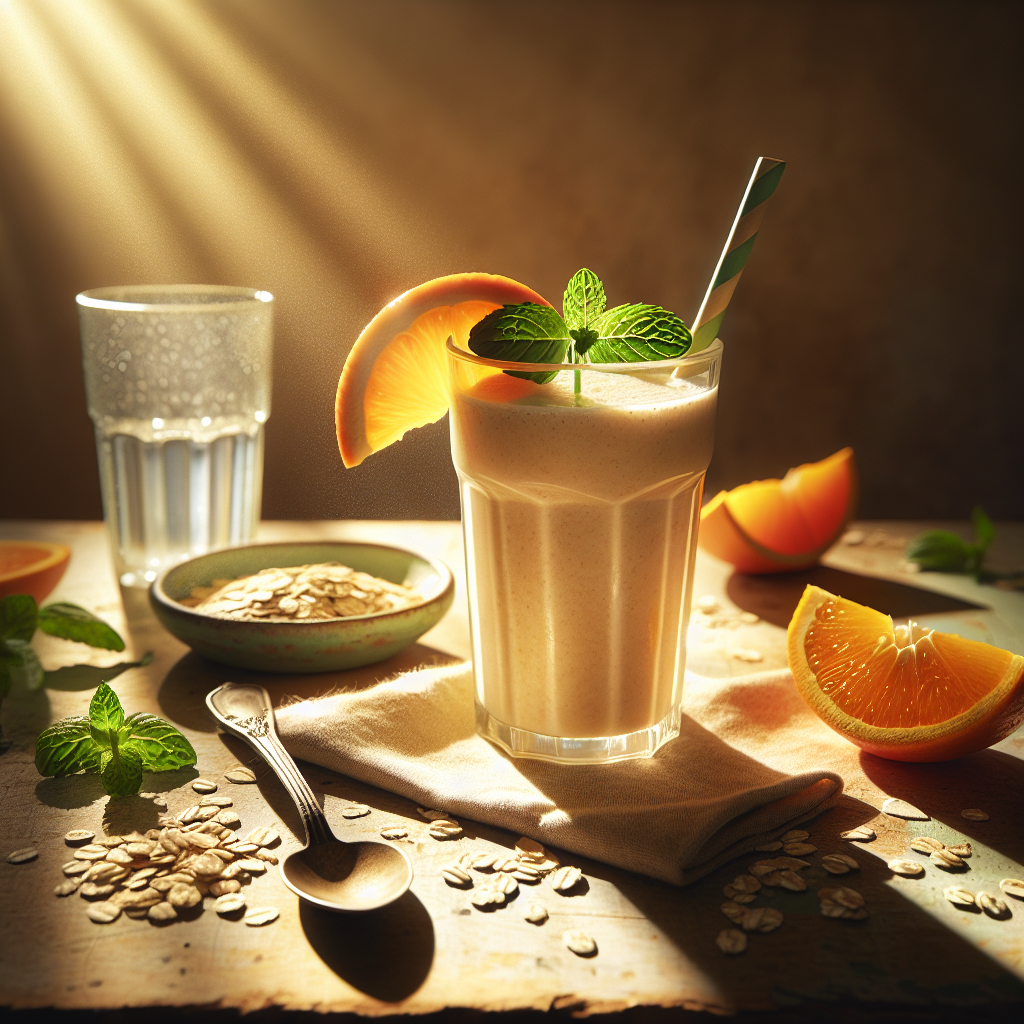 Ein fröhlich erleuchteter Frühstückstisch mit einem Proteinshake in einem gefrosteten Glas, umgeben von frischen Lebensmitteln wie Haferflocken, einer Orangenscheibe und einem Minzzweig auf einem rustikalen Holztisch.