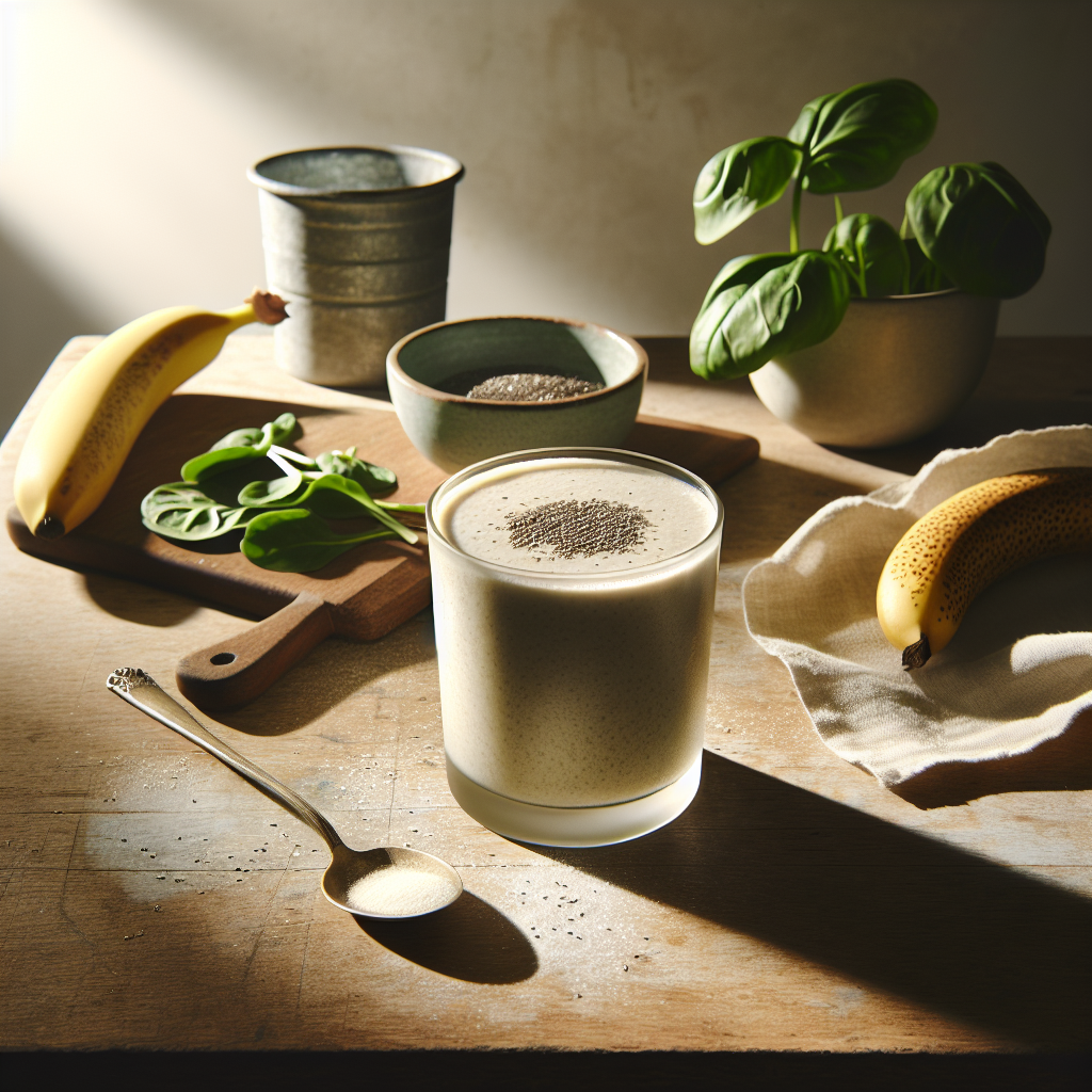 Veganer Protein-Smoothie mit Bananen und Spinat auf rustikalem Holztisch im Sonnenlicht.