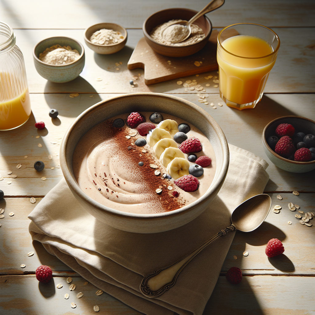 Eine Smoothie Bowl mit frischen Früchten und veganem Schokoladen-Proteinpulver auf einem hellen Holztisch, begleitet von einem Glas Orangensaft. Der Tisch ist in natürlichem Tageslicht beleuchtet, das eine warme und einladende Stimmung schafft.