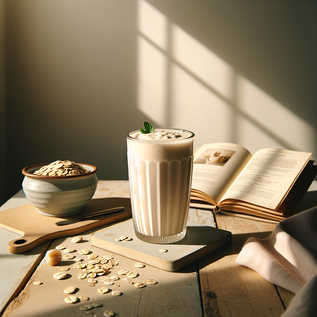 Veganer Proteinshake mit laktosefreiem Eiweißpulver neben einem offenen Rezeptbuch in einem gemütlichen, lichtdurchfluteten Frühstückssetting.