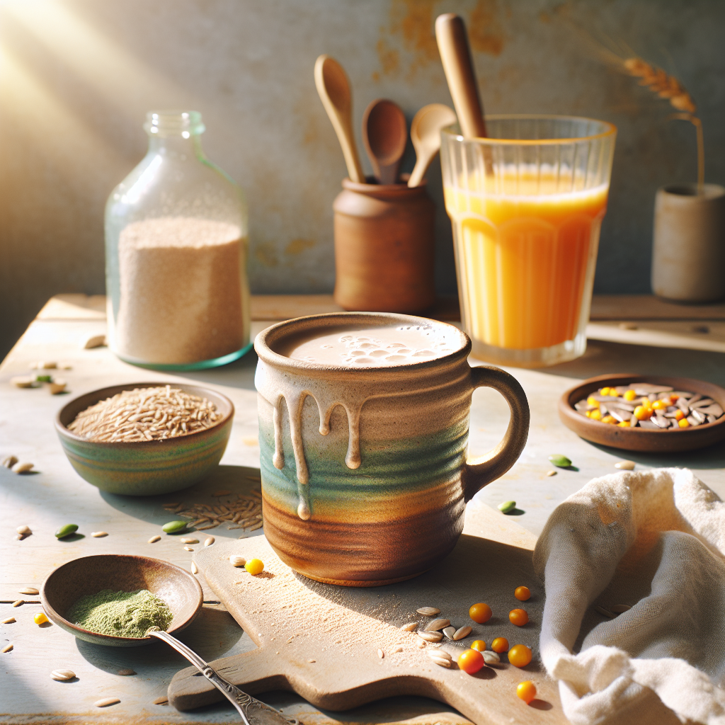 Veganer Proteinshake auf einem Holztisch, umgeben von Erbsenproteinpulver, Reiskörnern und Sonnenblumenkernen, neben einem Glas Orangensaft, vermittelt eine helle und entspannte Morgenstimmung.