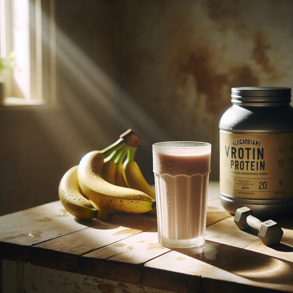 Frischer selbstgemachter Protein Shake mit reifen Bananen und Vegardians Proteinpulver auf einem hellen Küchentisch mit Hantel im Hintergrund.