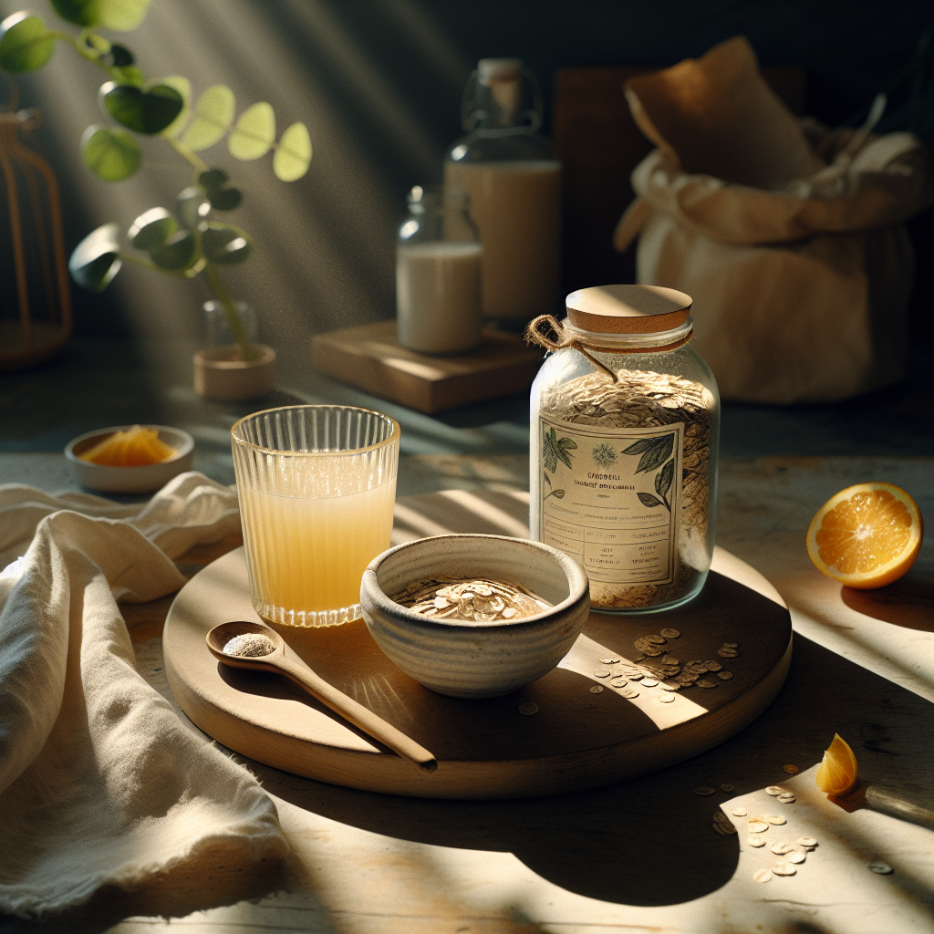 Helles, gemütliches Küchenszene mit veganem Proteinshake und pflanzlichen Proteinquellen auf einem Holztisch. Morgenlicht von links beleuchtet das Bild.