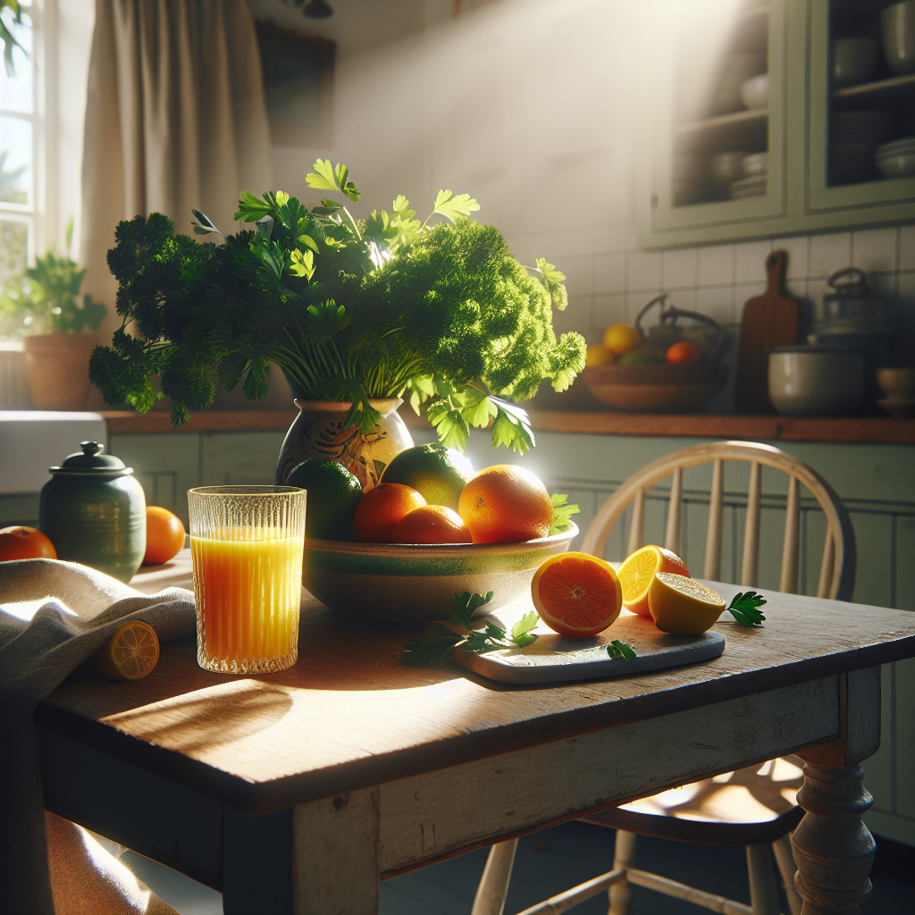 Ein Glas frisch gepresster Orangensaft mit Vitamin C-reichen Früchten auf einem Holztisch in sonniger Küche.