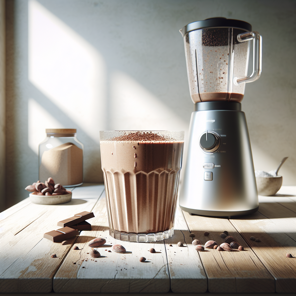 Leckerer veganer Schokoladen-Proteinshake umgeben von rohen Kakaobohnen und Kokoszucker auf einem Holztisch neben einem Mixer.