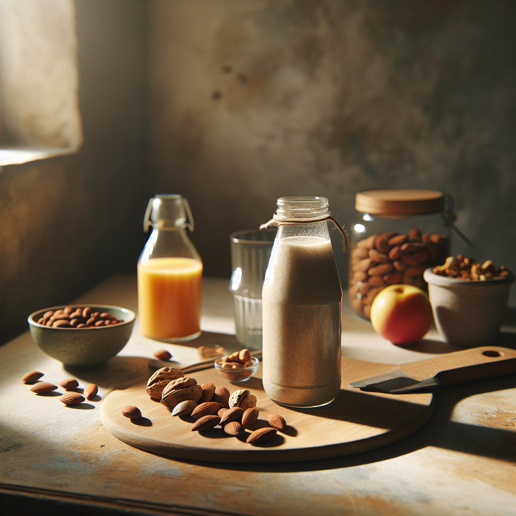 Frühstücksszene mit Holz- oder Steintisch, Proteinshake, Nüssen, Hülsenfrüchten, Orangensaft, Betonung auf ausgewogene Ernährung, gesundes Leben