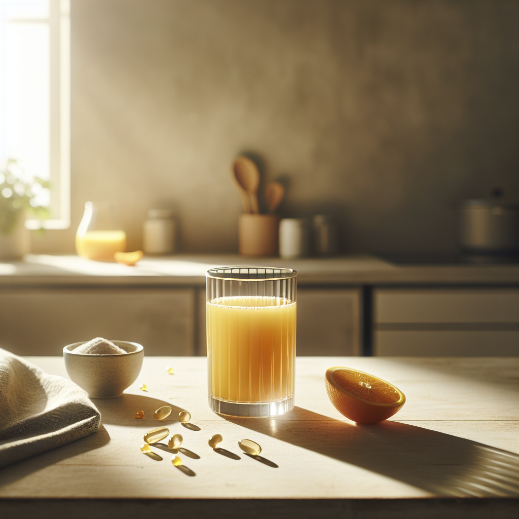 Frühlingshaftes Frühstücks-Setup mit einem Glas Orangensaft und einem Eisentablette auf einem hellen Holztisch, inspiriert von der Philosophie von Vegardians Proteinpulver, ideal für einen gesunden Start in den Tag.