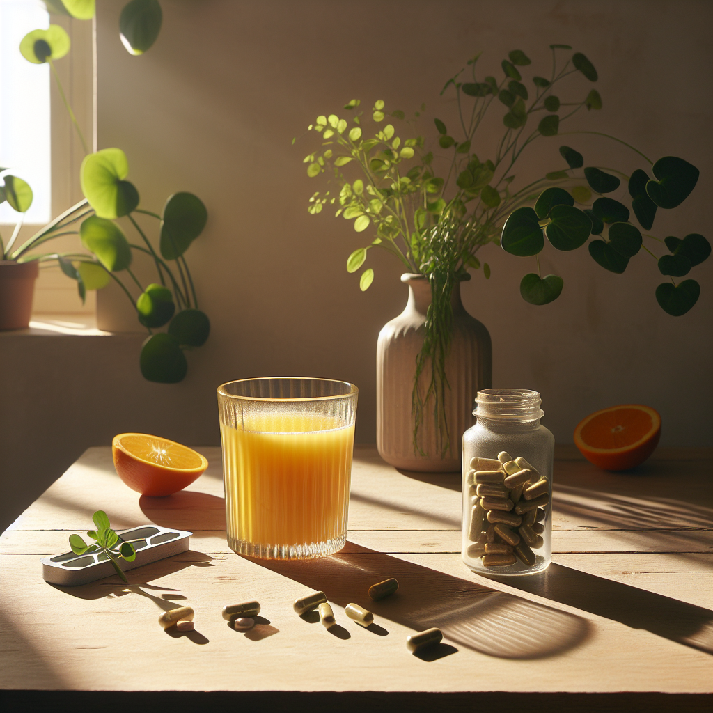 Morgenroutine mit einem Glas Orangensaft und Eisenpräparaten auf einem hellen Holz-Küchentisch, umgeben von weichem Licht und einer beruhigenden Atmosphäre.