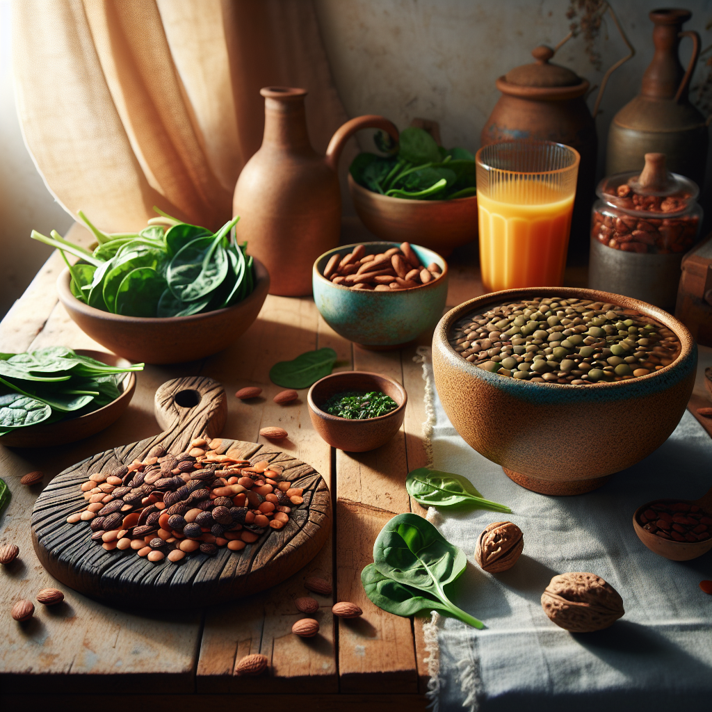 Ein natürlicher, heller Morgenküchenraum zeigt vegane Eisenquellen wie Linsen, Nüsse und grüne Blattgemüse. 
