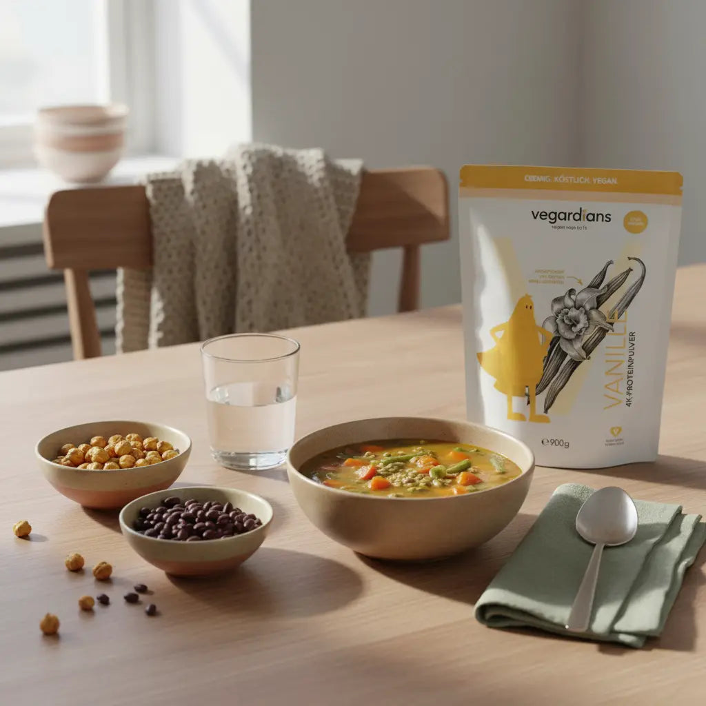 Minimalistische Szene mit Gemüsesuppe auf Holztisch, Schalen mit Hülsenfrüchten und Glas Wasser in natürlichem Licht – Abendessen zum Abnehmen