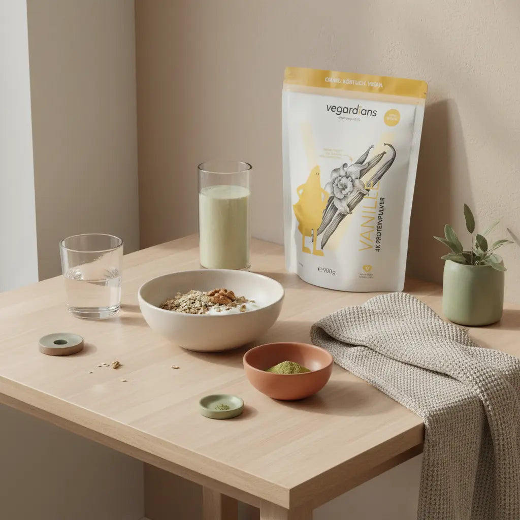 Veganer Frühstückstisch in sanftem Morgenlicht mit Hafer, Sojajoghurt, Nüssen und klarem Wasser – ruhige erdige Farben, motiviert abnehmen anfangen.