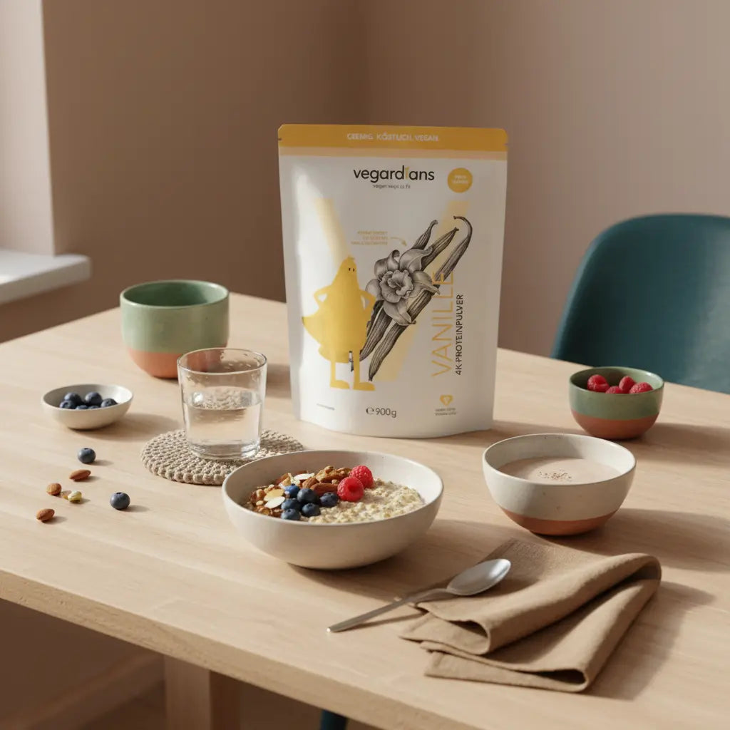 Minimalistische Morgenküche mit Haferbrei, Beeren, Nüssen, Glas Wasser und Proteinshake auf nachhaltigem Tisch – stillleben zum abnehmen bei insulinresistenz