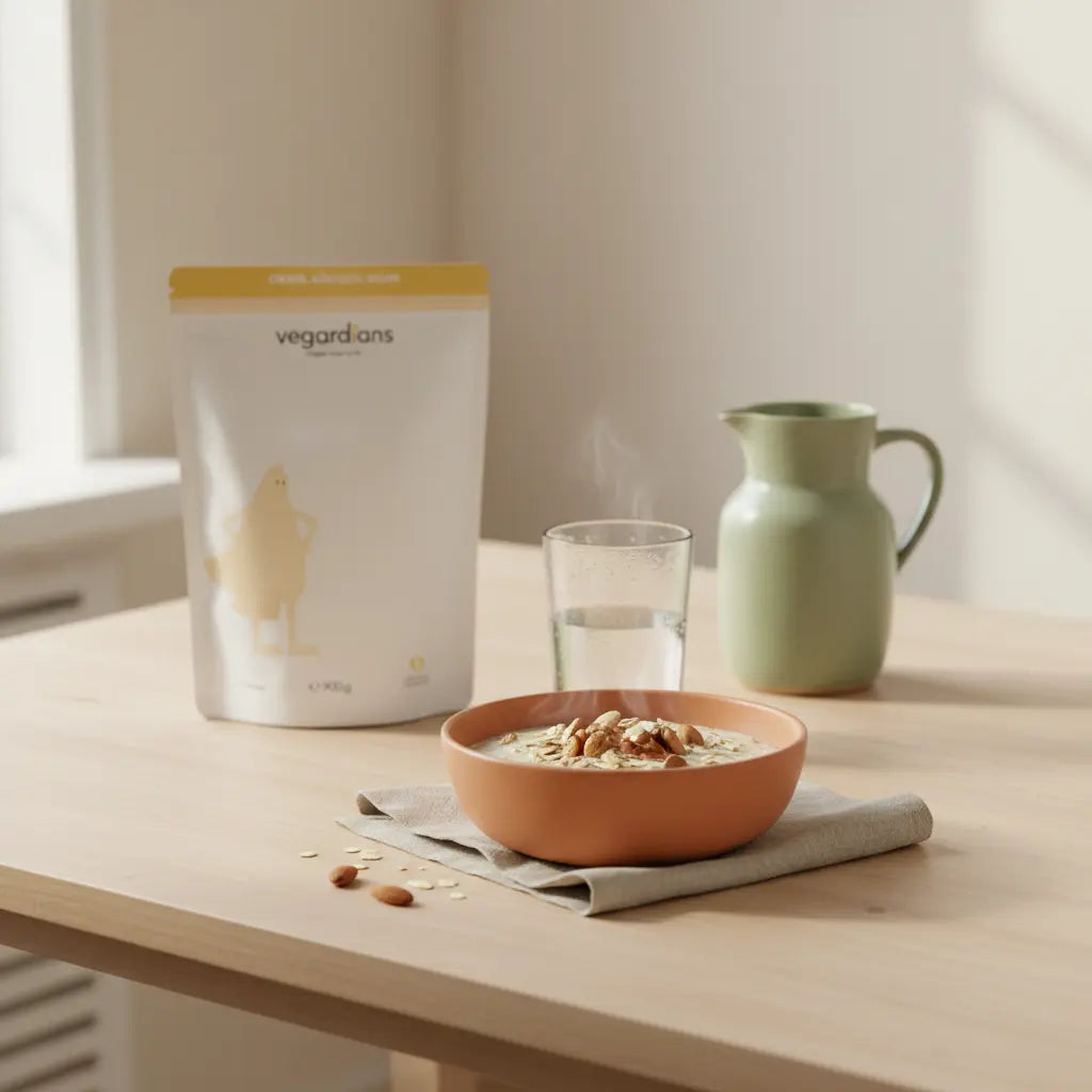 Minimalistisches veganes Frühstück mit Porridge, Glas Wasser, pflanzlicher Proteinflasche und grünem Krug im sanften Morgenlicht – passend zum Thema Abnehmen durch Sport