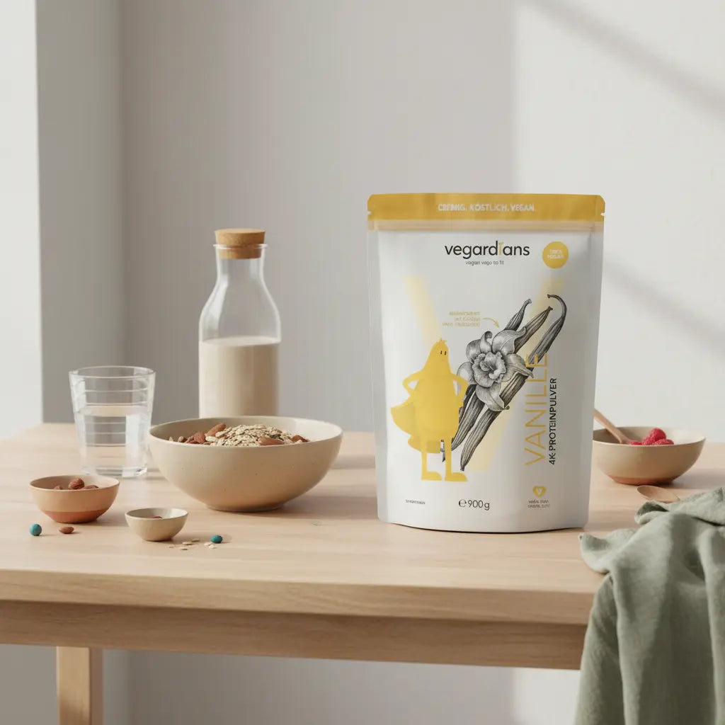 Minimalistisches Frühstück mit Haferflocken, Glas Wasser, pflanzlichem Proteinpulver und Shake auf hellem Holztisch – abnehmen fitnessstudio