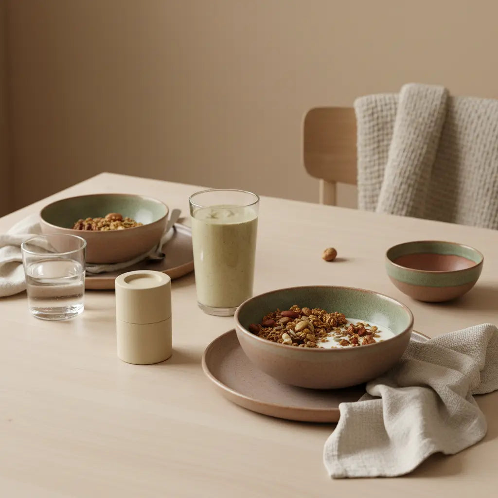 Minimalistisches Vegardians-Frühstück mit Granola, pflanzlichem Joghurt, Nüssen, Shake und dem Produkt aus den Referenzfotos auf nachhaltigem Tisch – ideal für abnehmen und bewusstes Essen.