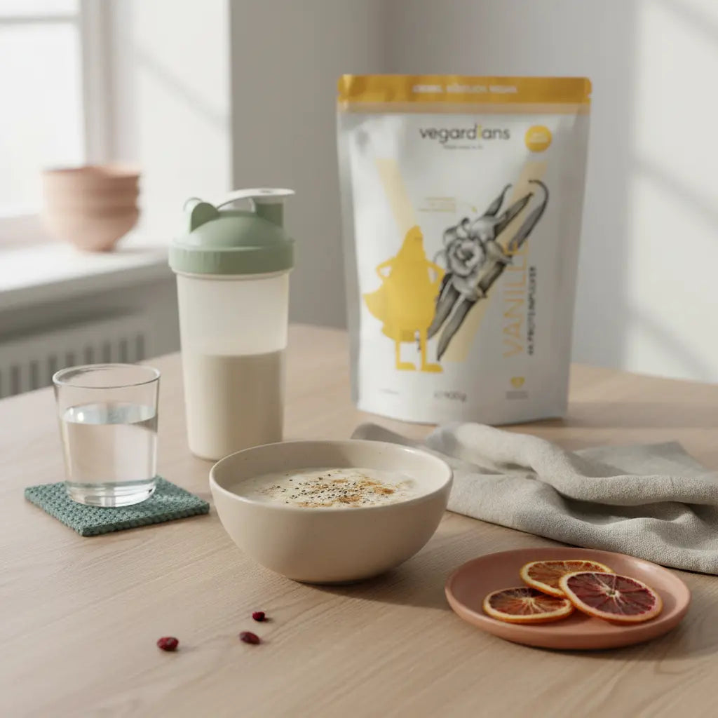 Minimalistisches Frühstück auf nachhaltigem Holztisch mit Haferbrei, Wasser, Proteinshake und Früchten – Vorbereitung und Inspiration zum abnehmen in 14 Wochen