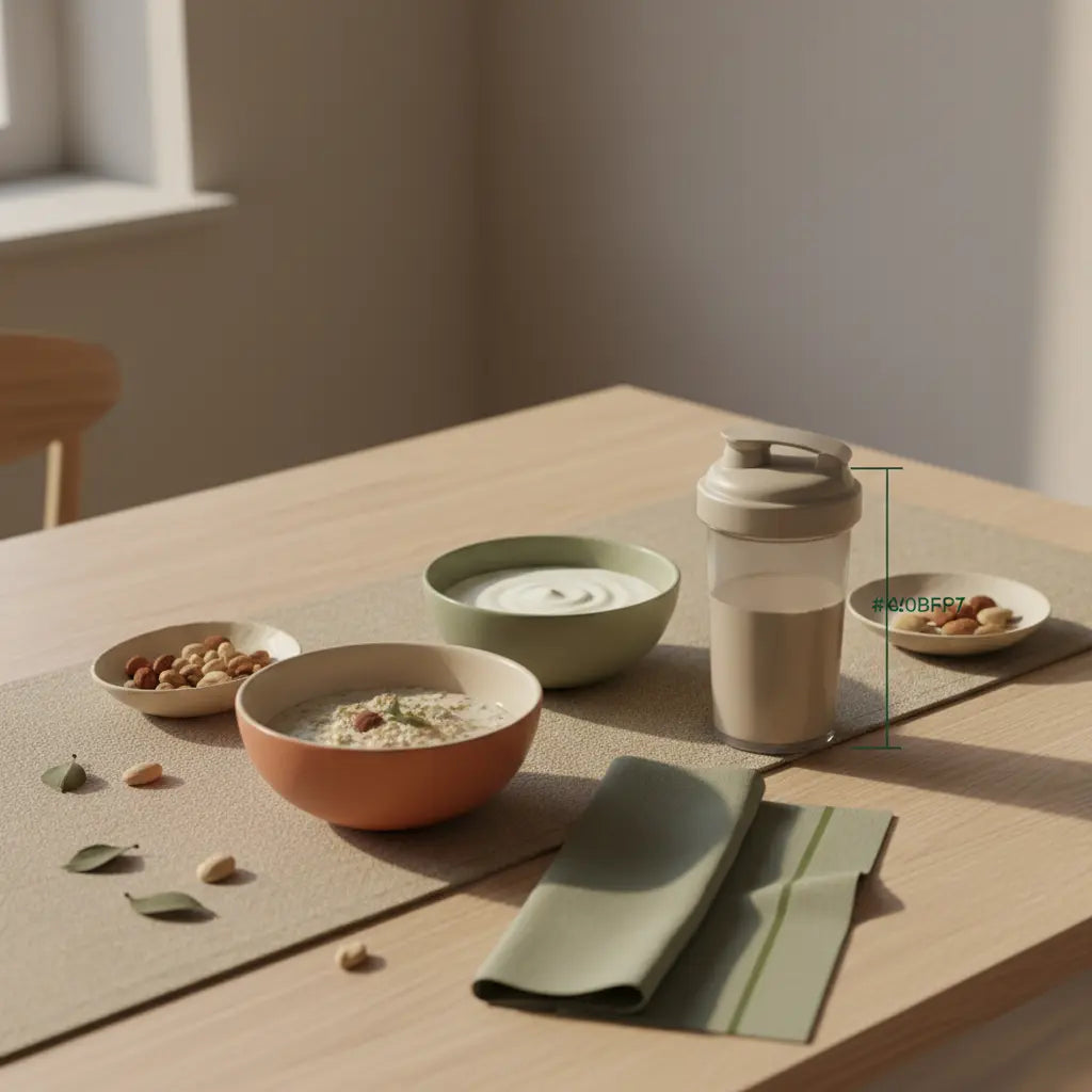 Veganes Morgenfrühstück auf nachhaltigem Holztisch mit Haferbrei, Joghurt, Nüssen und Proteinshake zur Unterstützung beim abnehmen in den Wechseljahren.