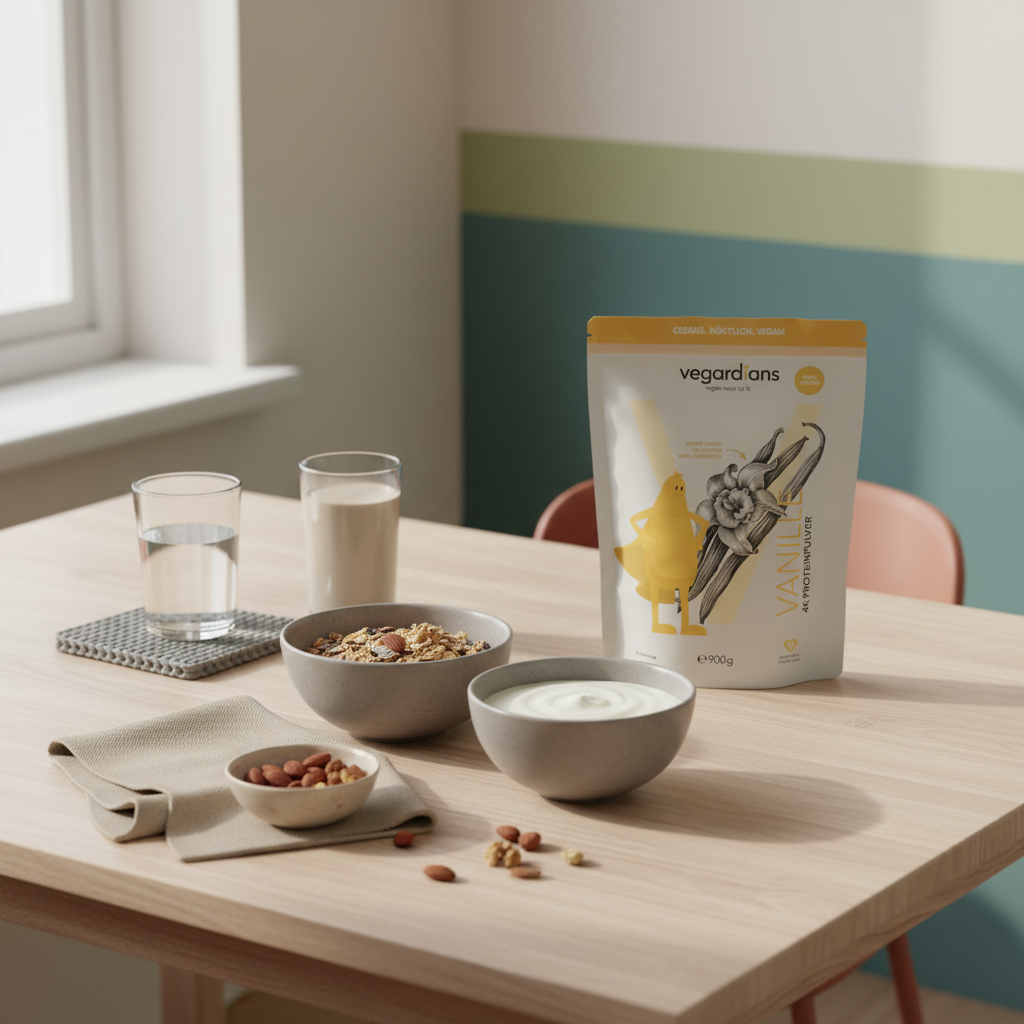 Veganes Frühstück auf nachhaltigem Holztisch in ruhiger europäischer Küche mit Müsli, pflanzlichem Joghurt, Nüssen, Glas Wasser und Shake – abnehmen in den wechseljahren