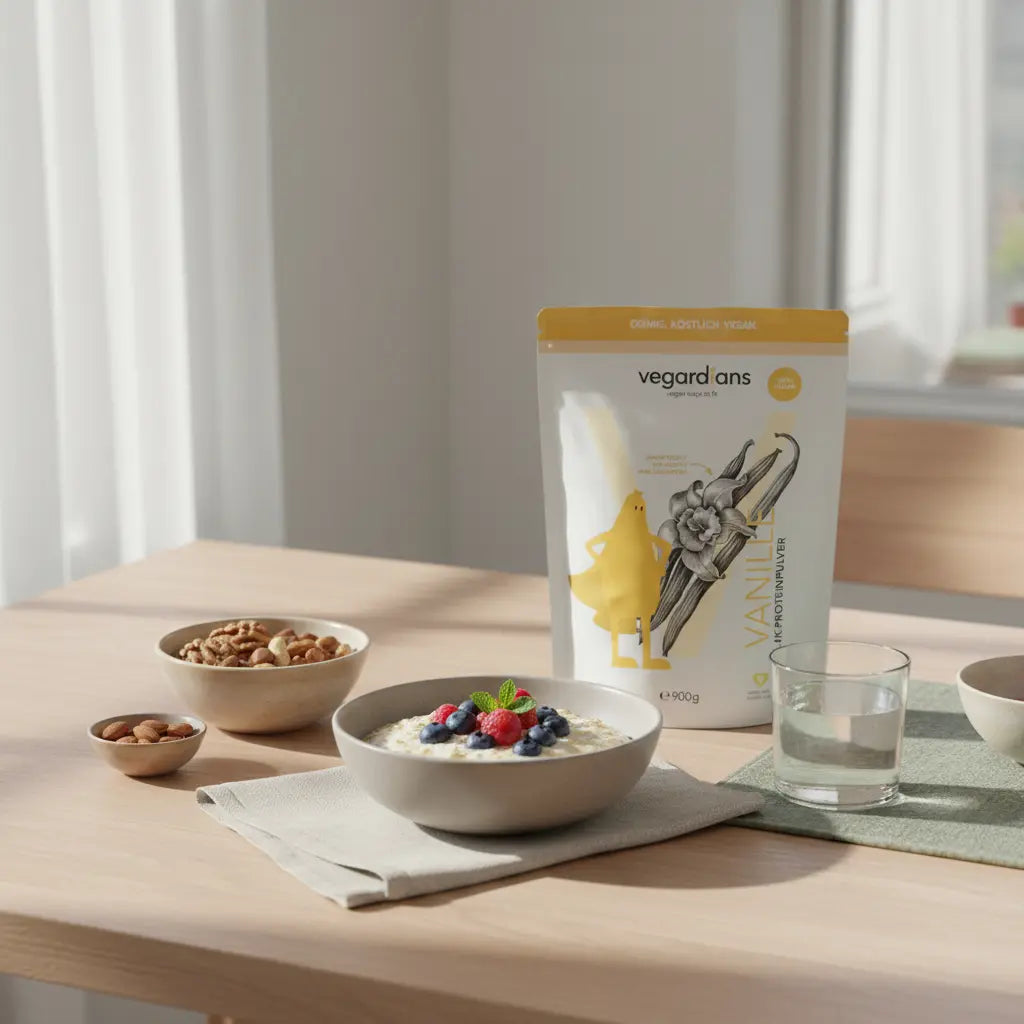 Morgendliche europäische Küchenszene mit nachhaltigem Holztisch, Haferbrei mit Beeren, Glas Wasser und Schale Nüsse, Leinenserviette und Keramik – abnehmen in den Wechseljahren