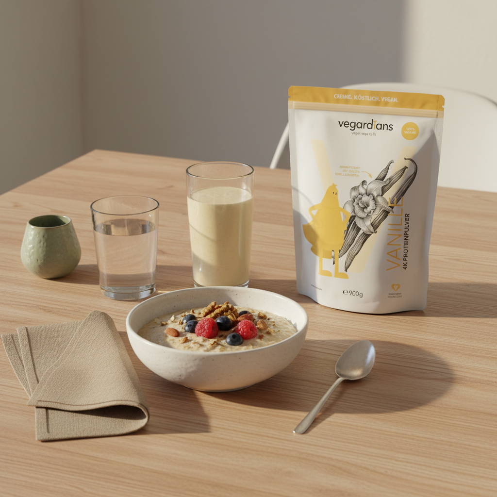 Minimalistisches Frühstück mit Porridge, Nüssen, Beeren und einem Shakeglas auf Holztisch im sanften Morgenlicht – Abnehmen mit Shakes