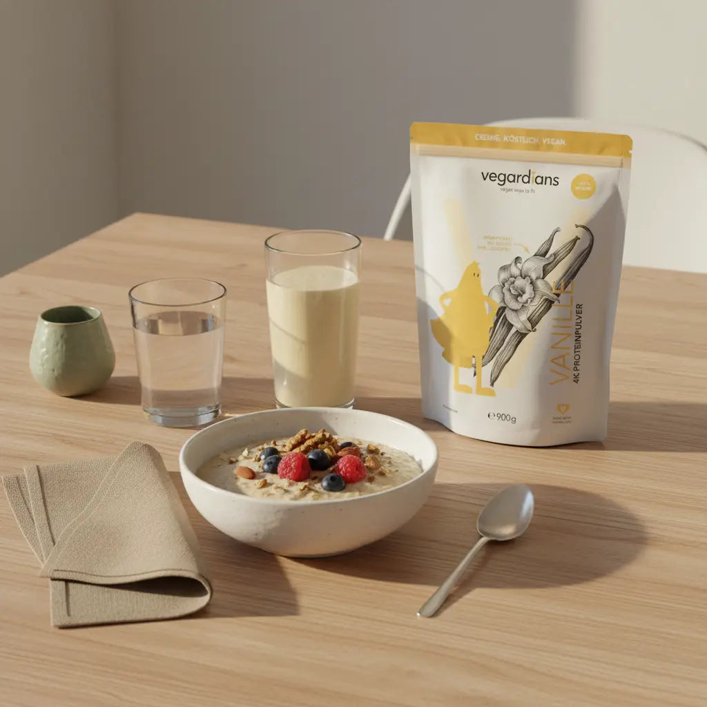 Minimalistisches Frühstück mit Porridge, Nüssen, Beeren und einem Shakeglas auf Holztisch im sanften Morgenlicht – Abnehmen mit Shakes